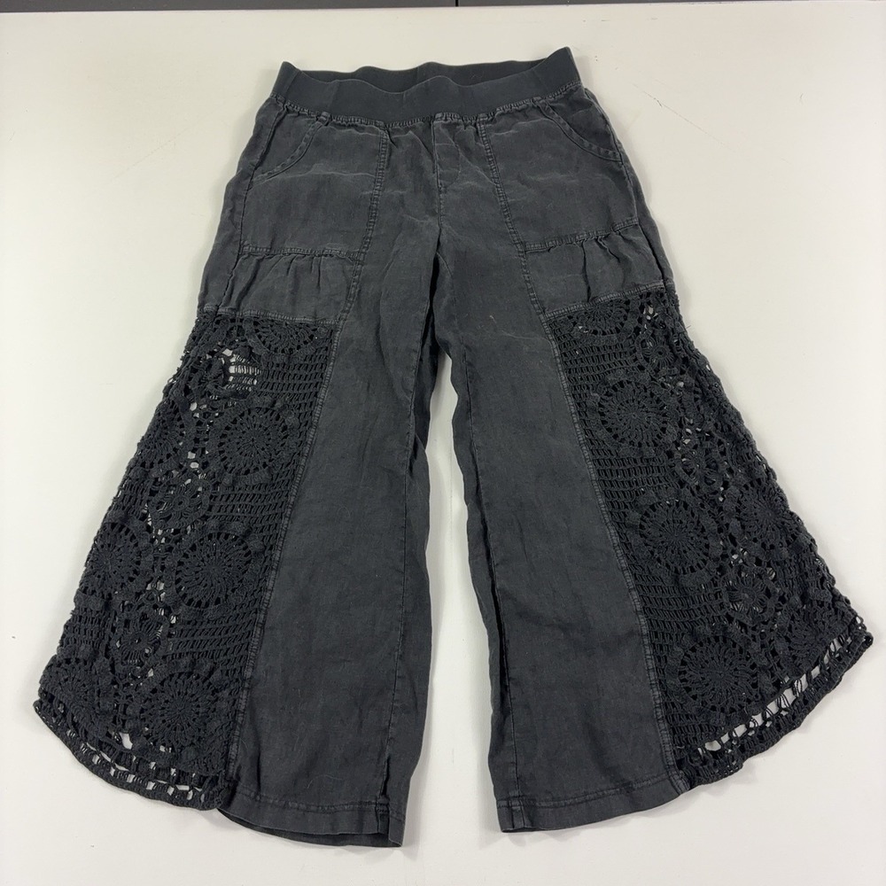 XCVI Pants Womens XL Black Crochet Cropped Flare Elastic Waist Linen Pull On